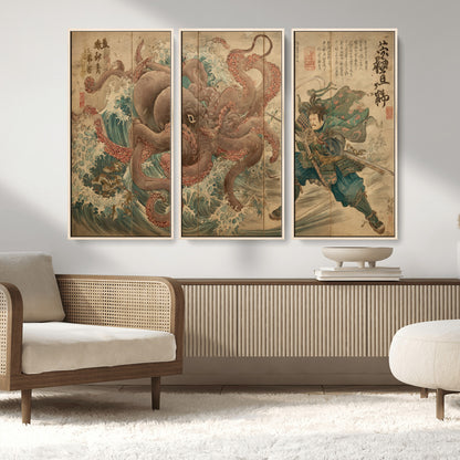 Tsukioka Yoshitoshi Samurai Wall Art Print, Japanese Katana Warrior Canvas Wall Art, Octopus Sea Monster Canvas Print,