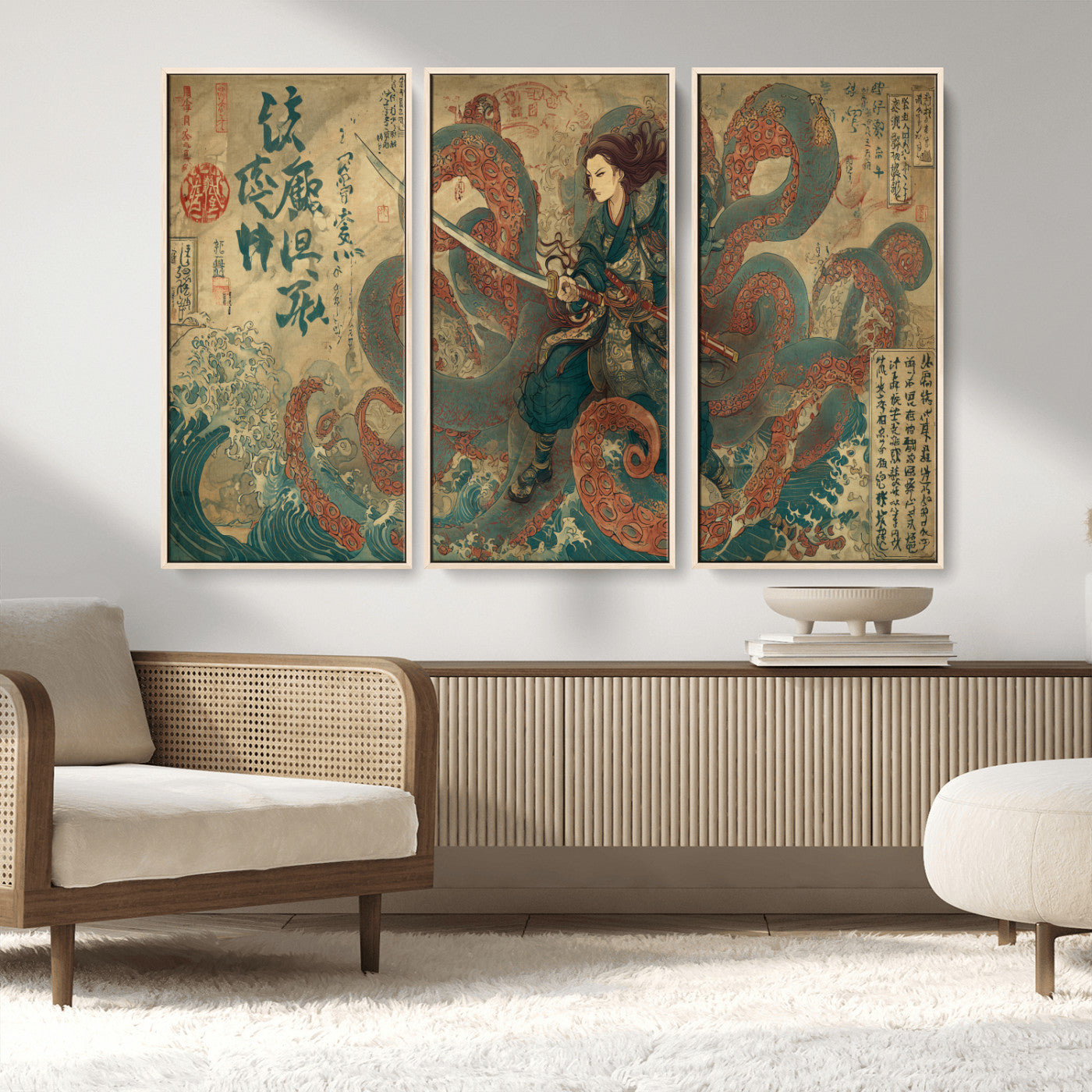 Tsukioka Yoshitoshi Samurai Wall Art Print, Japanese Katana Warrior Canvas Wall Art, Octopus Sea Monster Canvas Print,