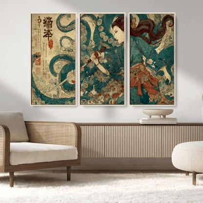 Tsukioka Yoshitoshi Samurai Wall Art Print, Japanese Katana Warrior Canvas Wall Art, Octopus Sea Monster Canvas Print,