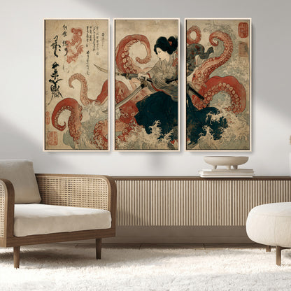 Tsukioka Yoshitoshi Samurai Wall Art Print, Japanese Katana Warrior Canvas Wall Art, Octopus Sea Monster Canvas Print,