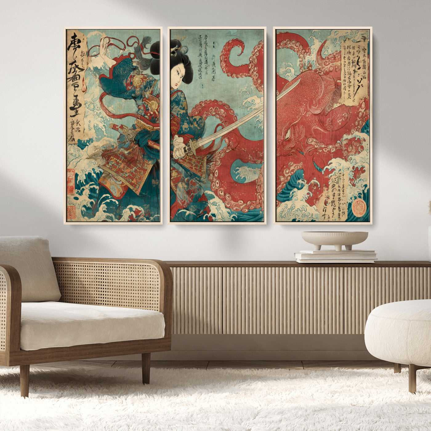 Tsukioka Yoshitoshi Samurai Wall Art Print, Japanese Katana Warrior Canvas Wall Art, Octopus Sea Monster Canvas Print,