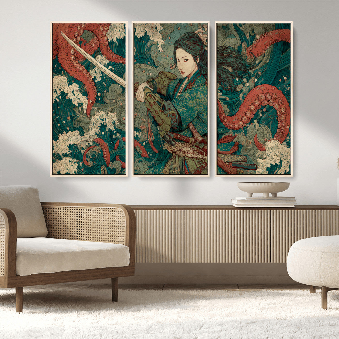 Tsukioka Yoshitoshi Samurai Wall Art Print, Japanese Katana Warrior Canvas Wall Art, Octopus Sea Monster Canvas Print,