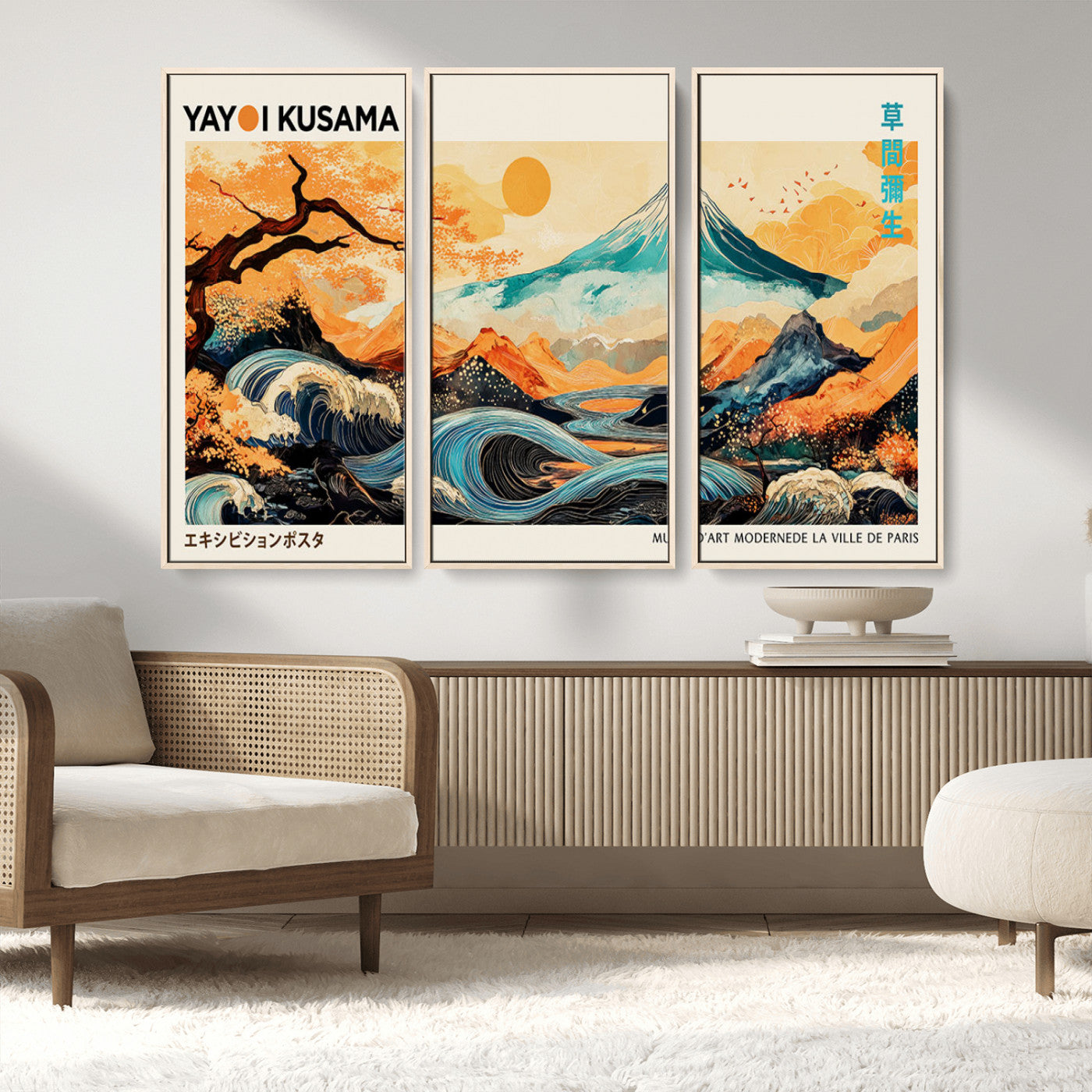 Modern Japanese-style art print featuring a stylized Mount Fuji, flowing waves, and vibrant landscapes in bold colors, inspired by traditional and contemporary aesthetics.