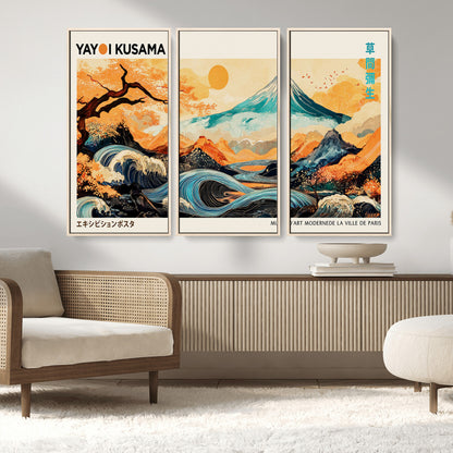 Modern Japanese-style art print featuring a stylized Mount Fuji, flowing waves, and vibrant landscapes in bold colors, inspired by traditional and contemporary aesthetics.