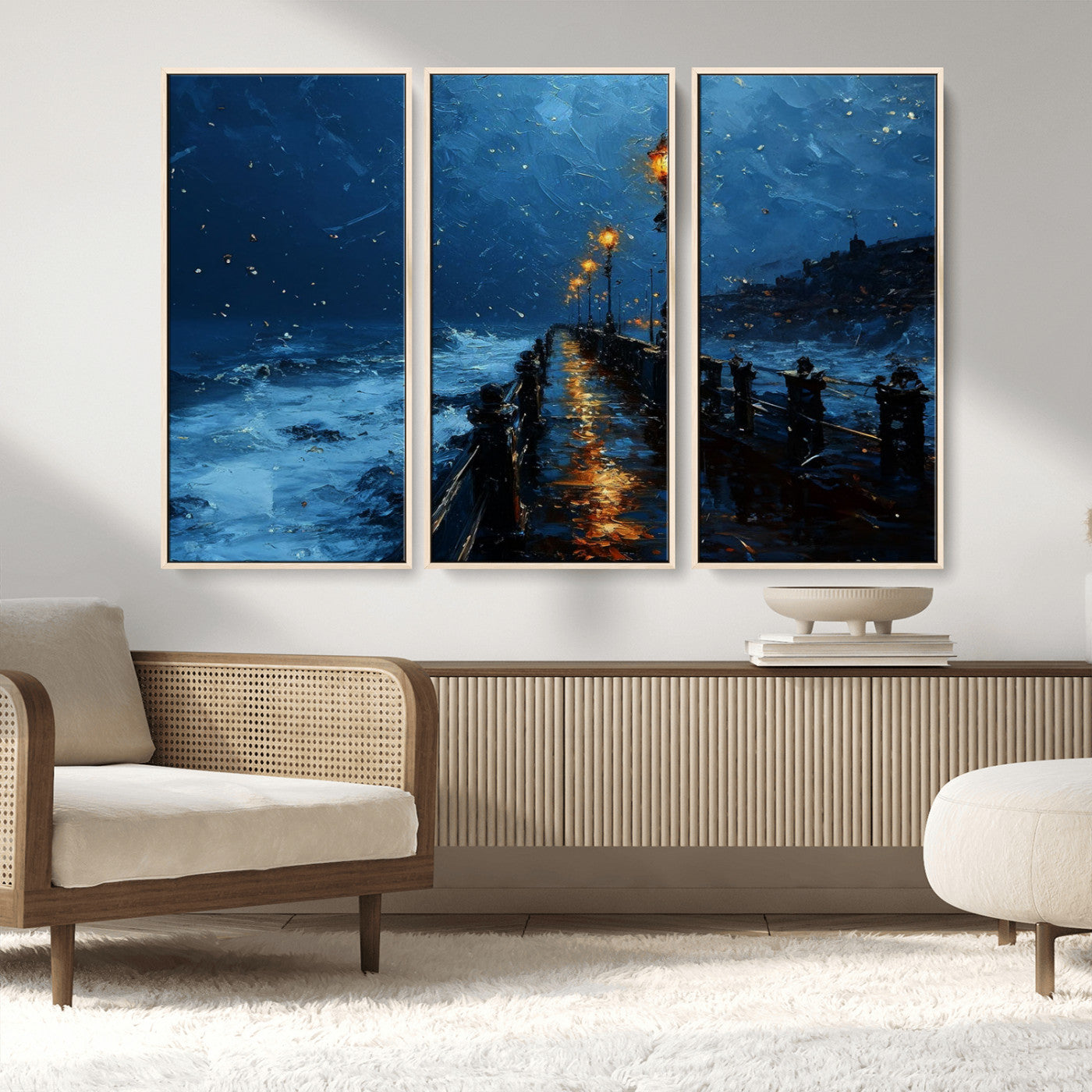 "Impressionistic painting of a rainy pier at night with glowing street lamps reflecting on the wet surface, ocean waves crashing under a dark blue sky."