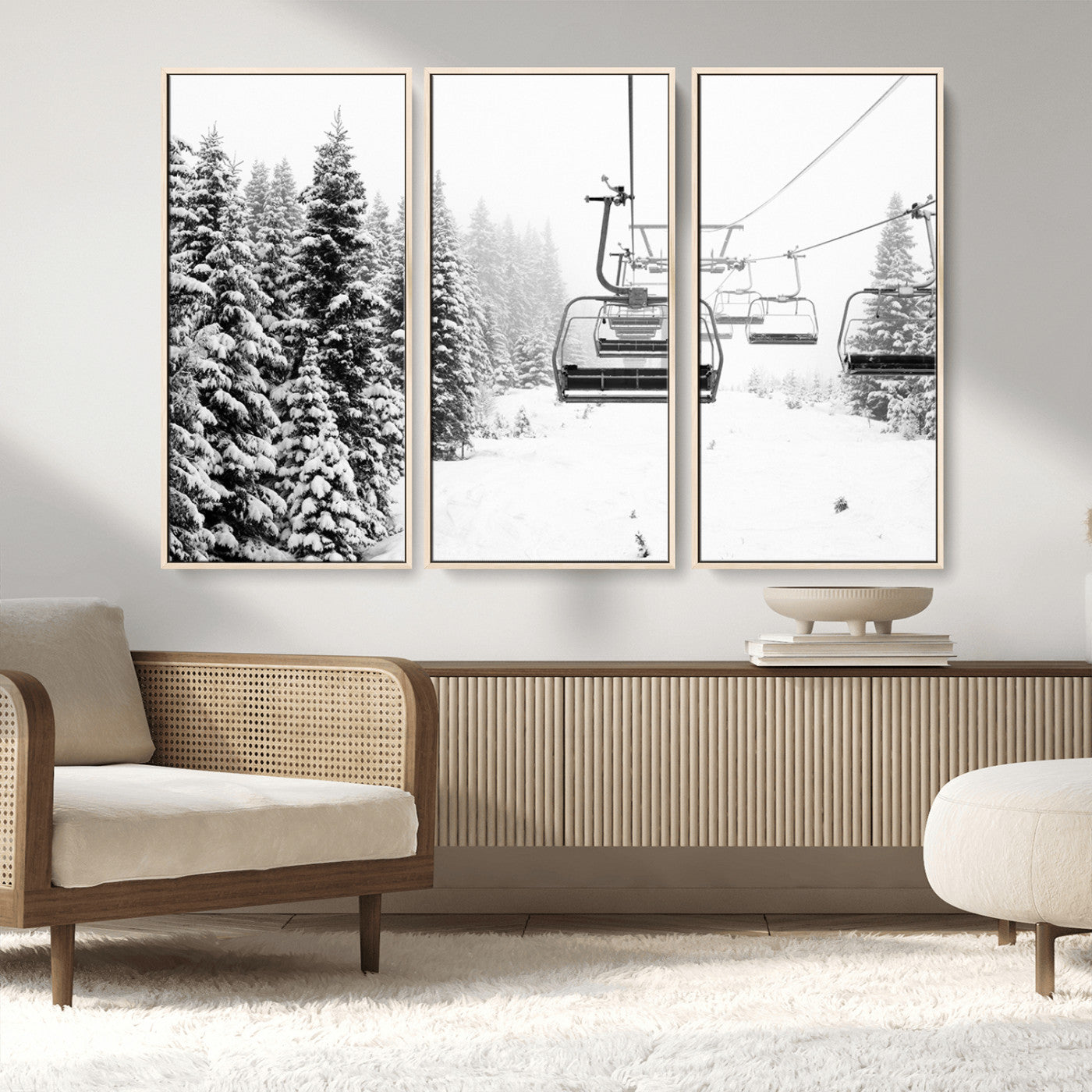 Black and white canvas of empty ski lifts over a snowy pine forest, perfect for minimal winter or ski lodge-inspired decor.