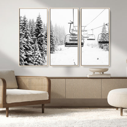 Black and white canvas of empty ski lifts over a snowy pine forest, perfect for minimal winter or ski lodge-inspired decor.