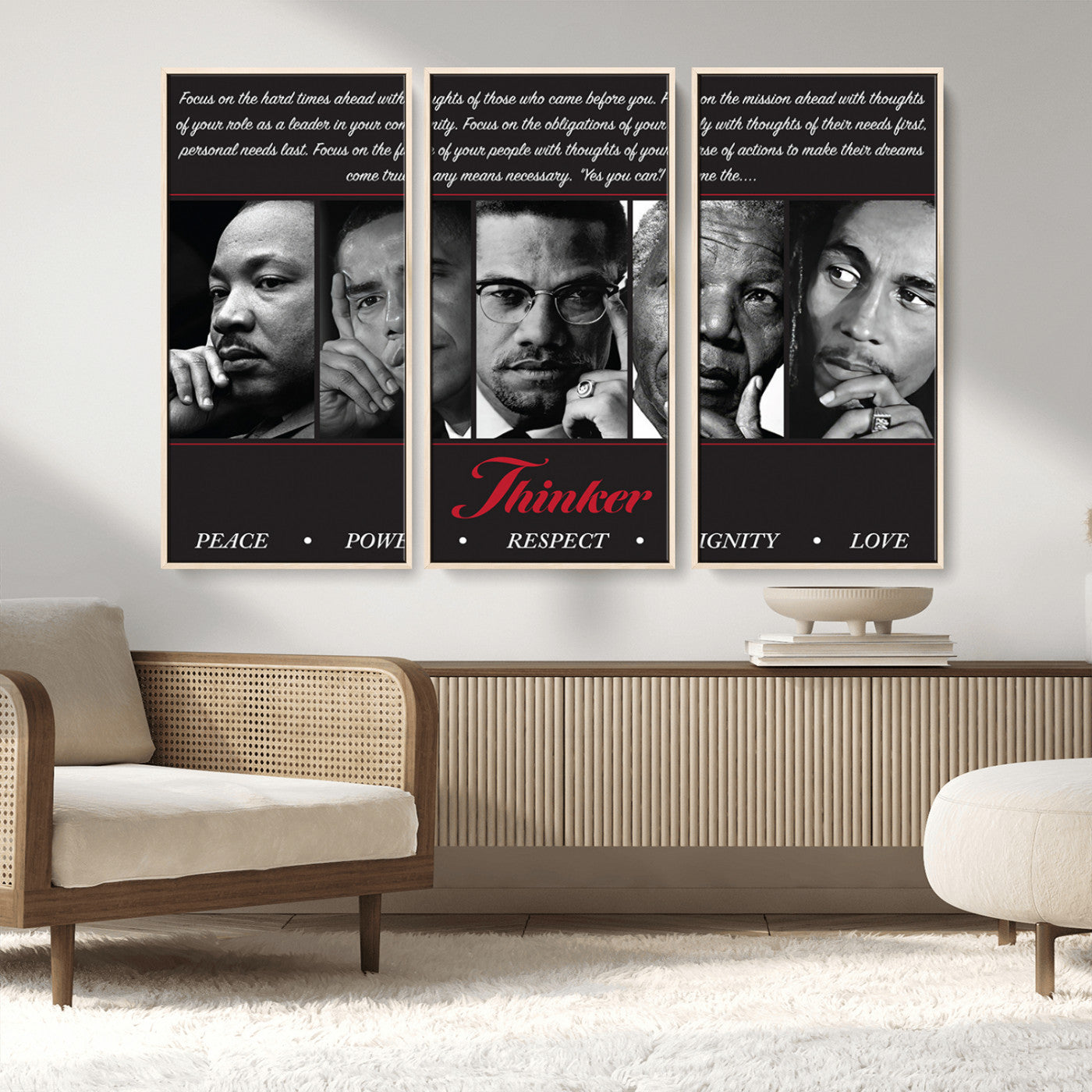 Monochrome canvas of iconic Black leaders with a powerful quote, perfect for modern spaces with a cultural or motivational theme.