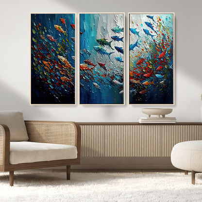 Colorful painting of fish swimming in abstract ocean swirls, perfect for vibrant marine-themed or expressive coastal home decor.