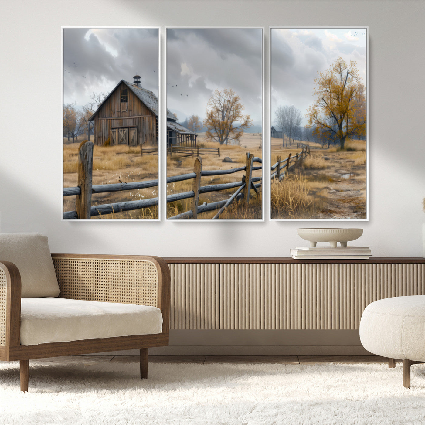 A tranquil rural scene featuring a rustic barn, overcast skies, and golden fields with scattered trees, evoking a sense of peaceful solitude in nature.