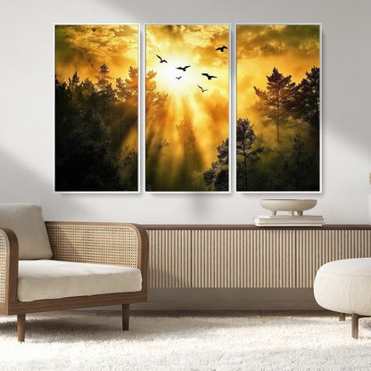 Canvas of a golden forest at sunset with birds flying through glowing sunbeams and silhouetted pine trees, ideal for warm-toned rustic decor.