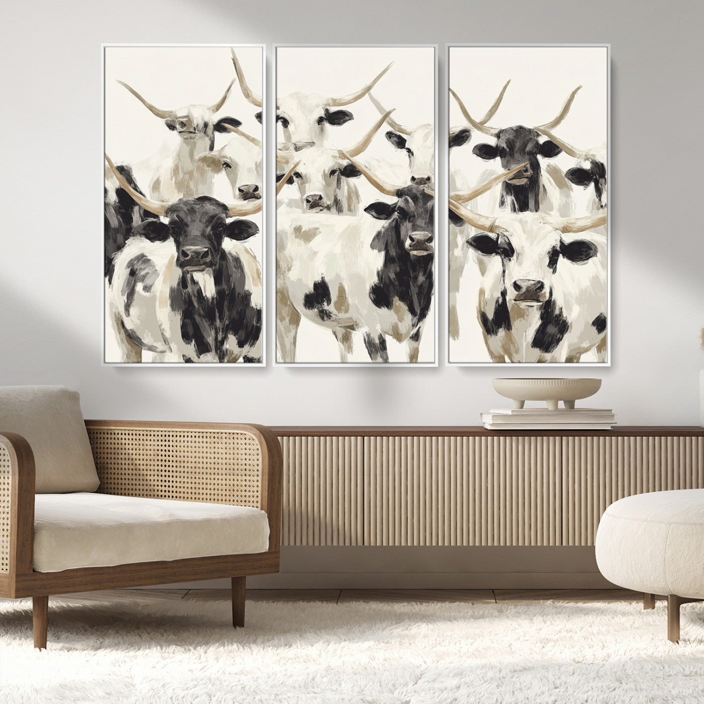 Canvas of a Texas Longhorn cattle herd in neutral black and white tones, ideal for rustic farmhouse or western-themed decor.