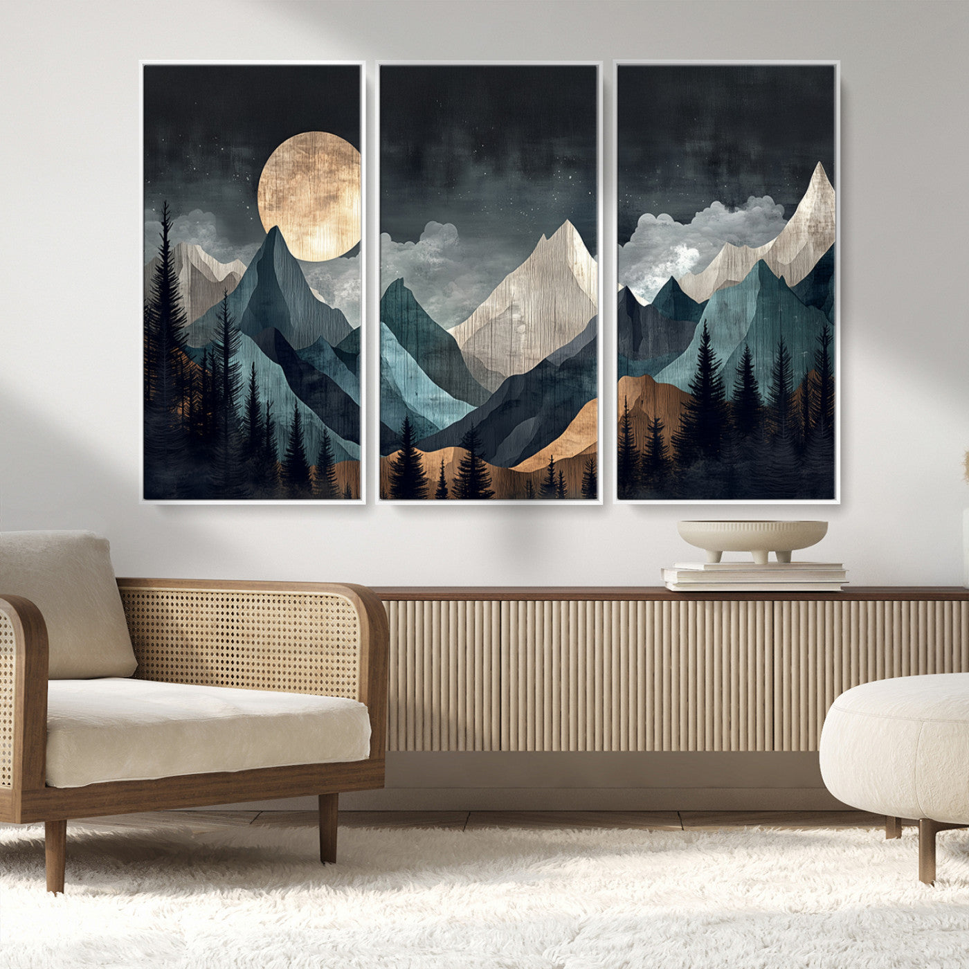 Stylized canvas of layered mountains under a full moon in neutral moody tones, ideal for nature-inspired or modern rustic interiors.