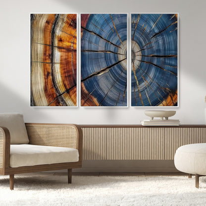 A stunning close-up view of a tree trunk, showcasing the intricate growth rings in a vibrant mix of warm browns, cool blues, and hints of natural texture.