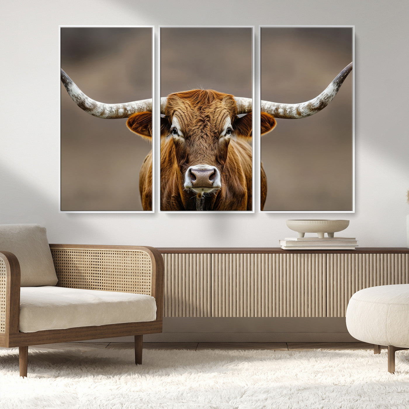 Close-up of a Texas Longhorn with strong curved horns and warm brown tones, perfect for rustic or western-style wall decor.