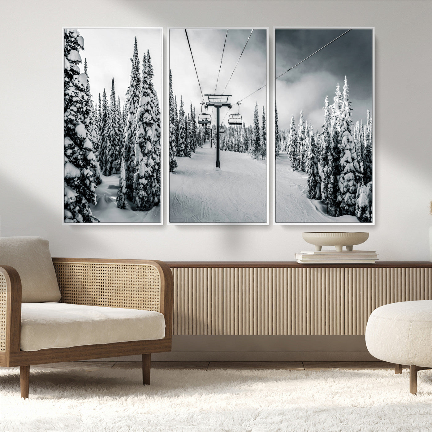 Canvas of a snowy ski lift scene through a forest of tall pine trees, ideal for moody winter or alpine-themed home decor.