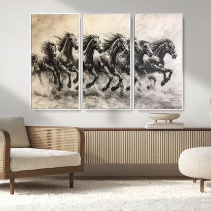 Monochrome drawing of a herd of galloping horses, perfect for dynamic and wild-themed decor in any equestrian or nature-inspired room.