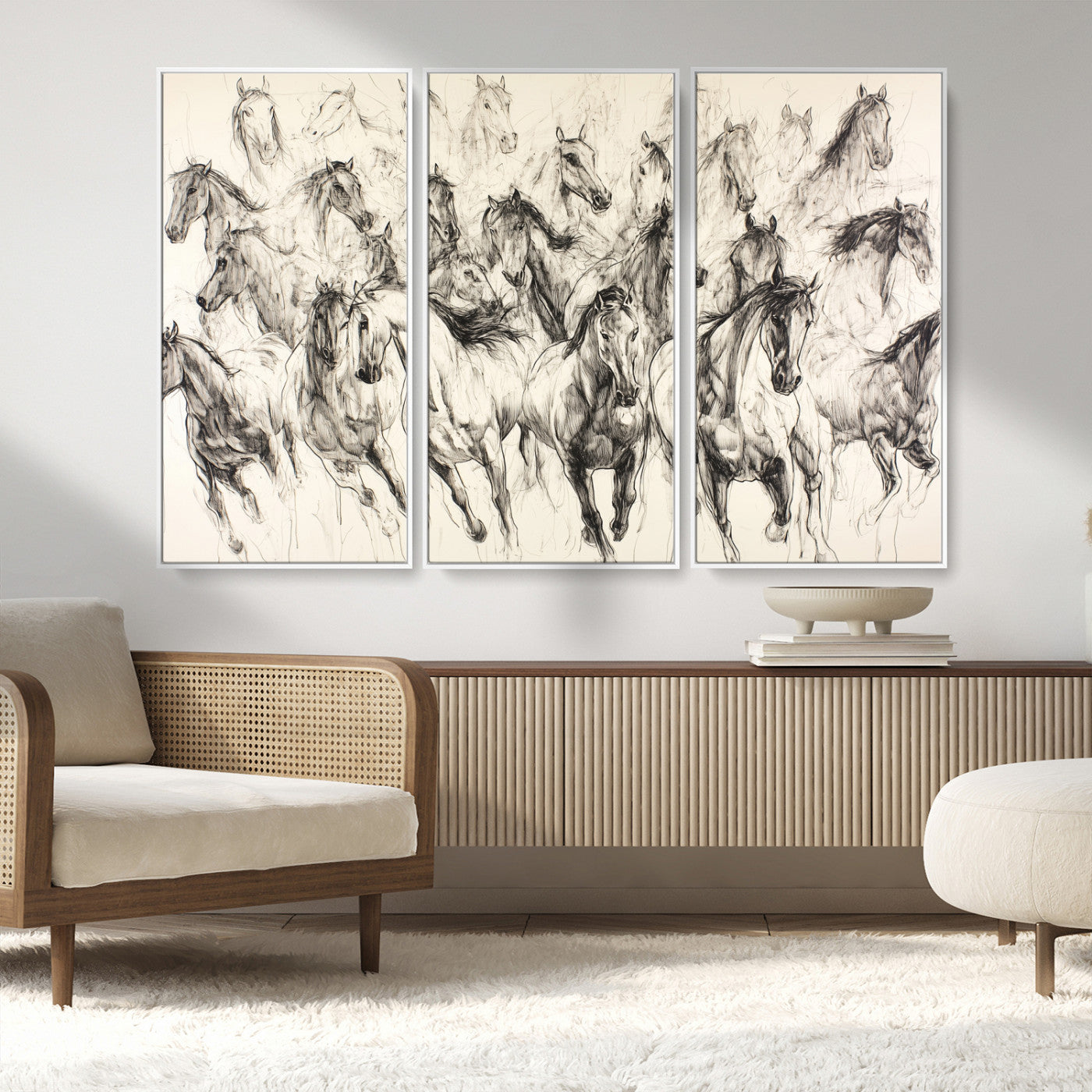 Monochrome ink sketch of galloping horses in dynamic motion, perfect for western or equine-themed wall decor with bold artistic energy.