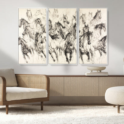 Monochrome ink sketch of galloping horses in dynamic motion, perfect for western or equine-themed wall decor with bold artistic energy.