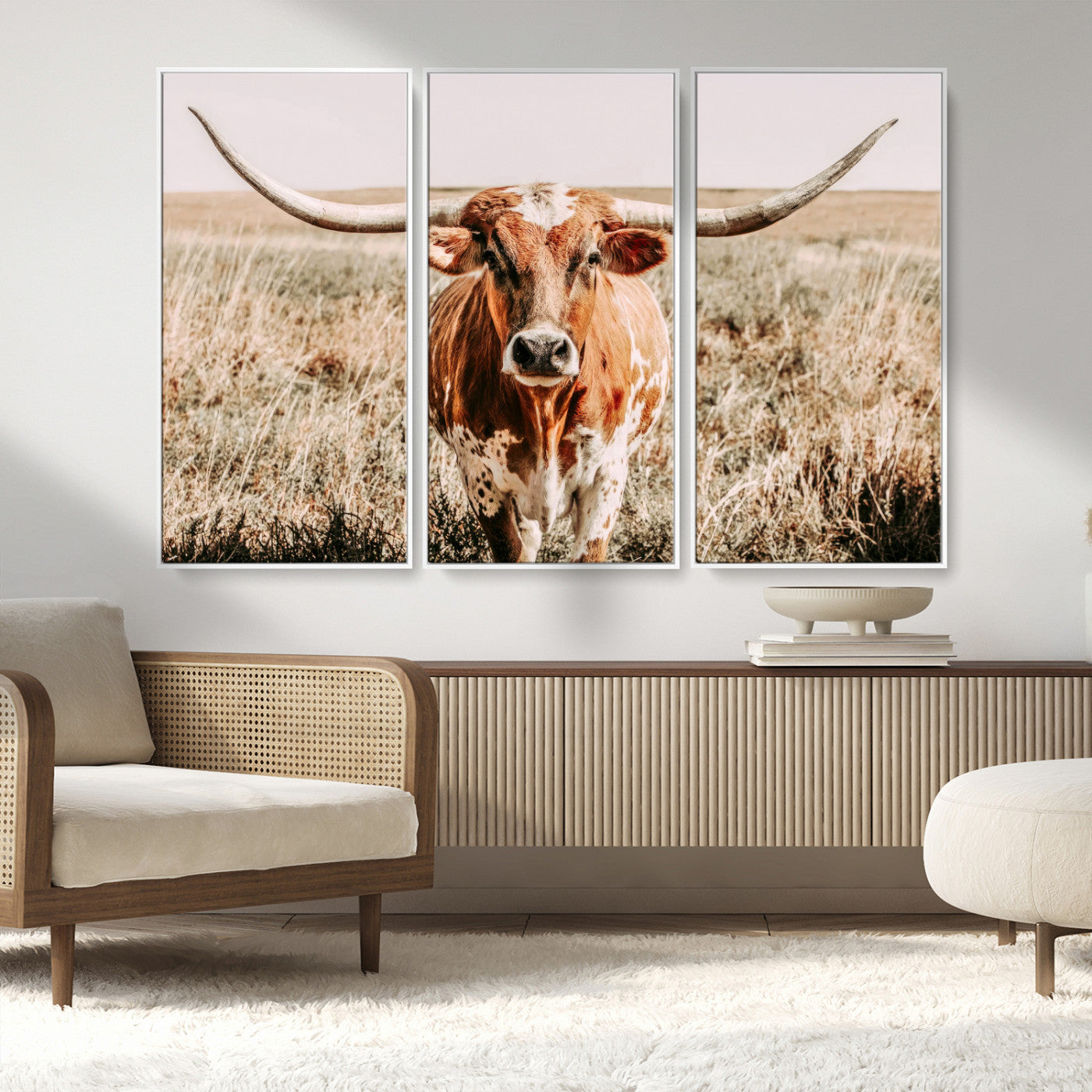 Framed longhorn cow canvas wall art with rustic prairie background, western animal print perfect for farmhouse or ranch style decor