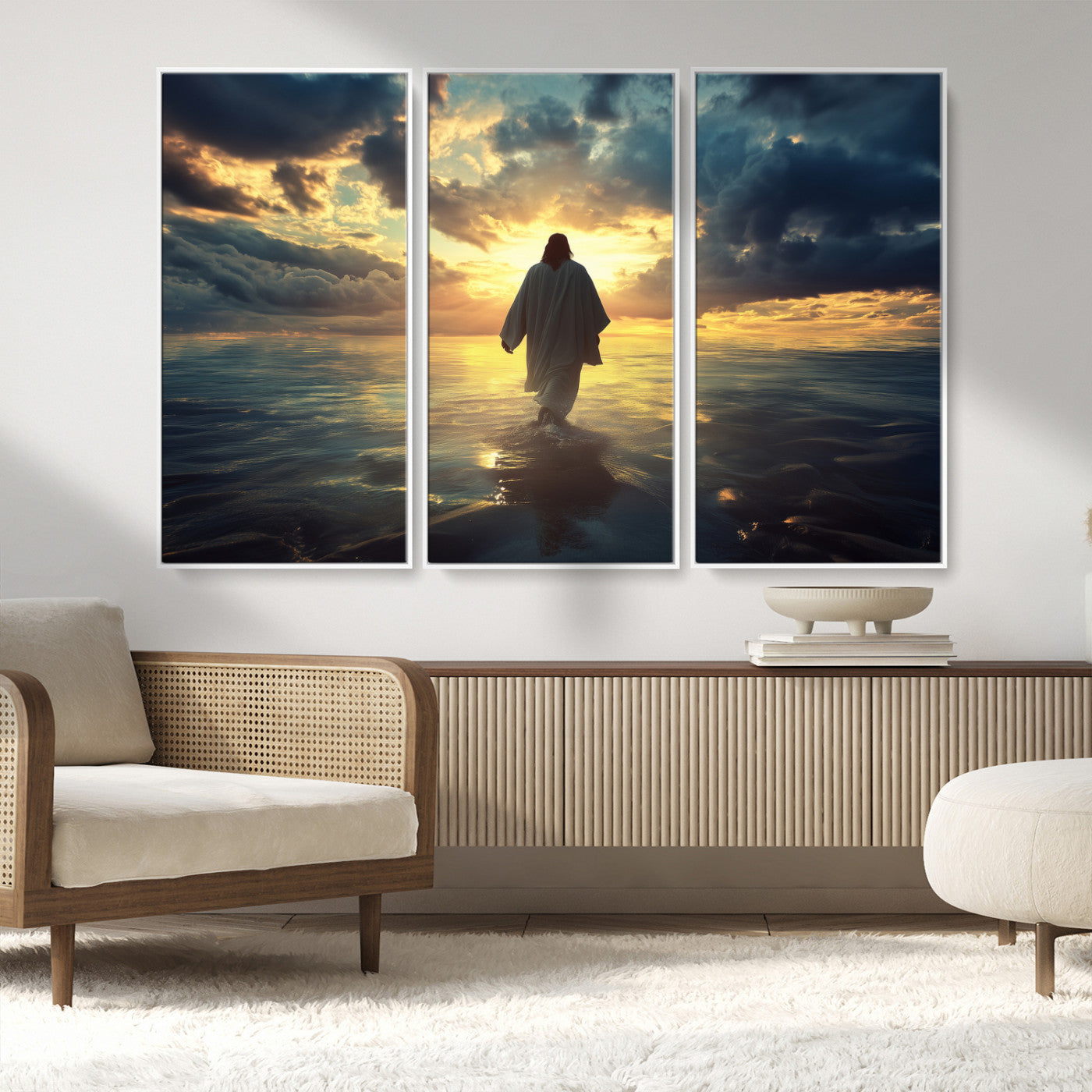 Spiritual artwork of Jesus walking on water at golden hour with divine light, ideal for Christian home decor or prayer room.