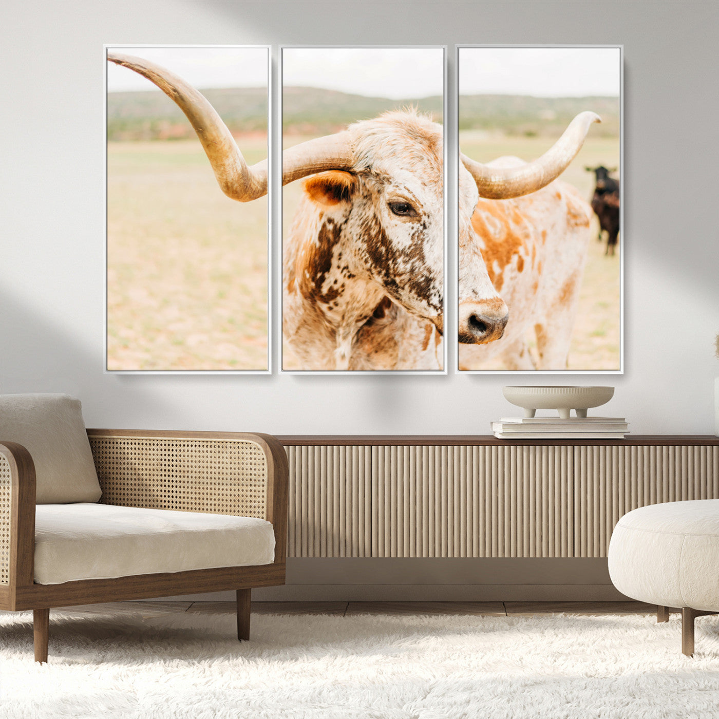 Close-up of a speckled Texas Longhorn in warm prairie tones, perfect for rustic western or countryside-themed room decor.
