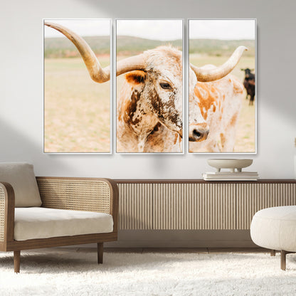 Close-up of a speckled Texas Longhorn in warm prairie tones, perfect for rustic western or countryside-themed room decor.