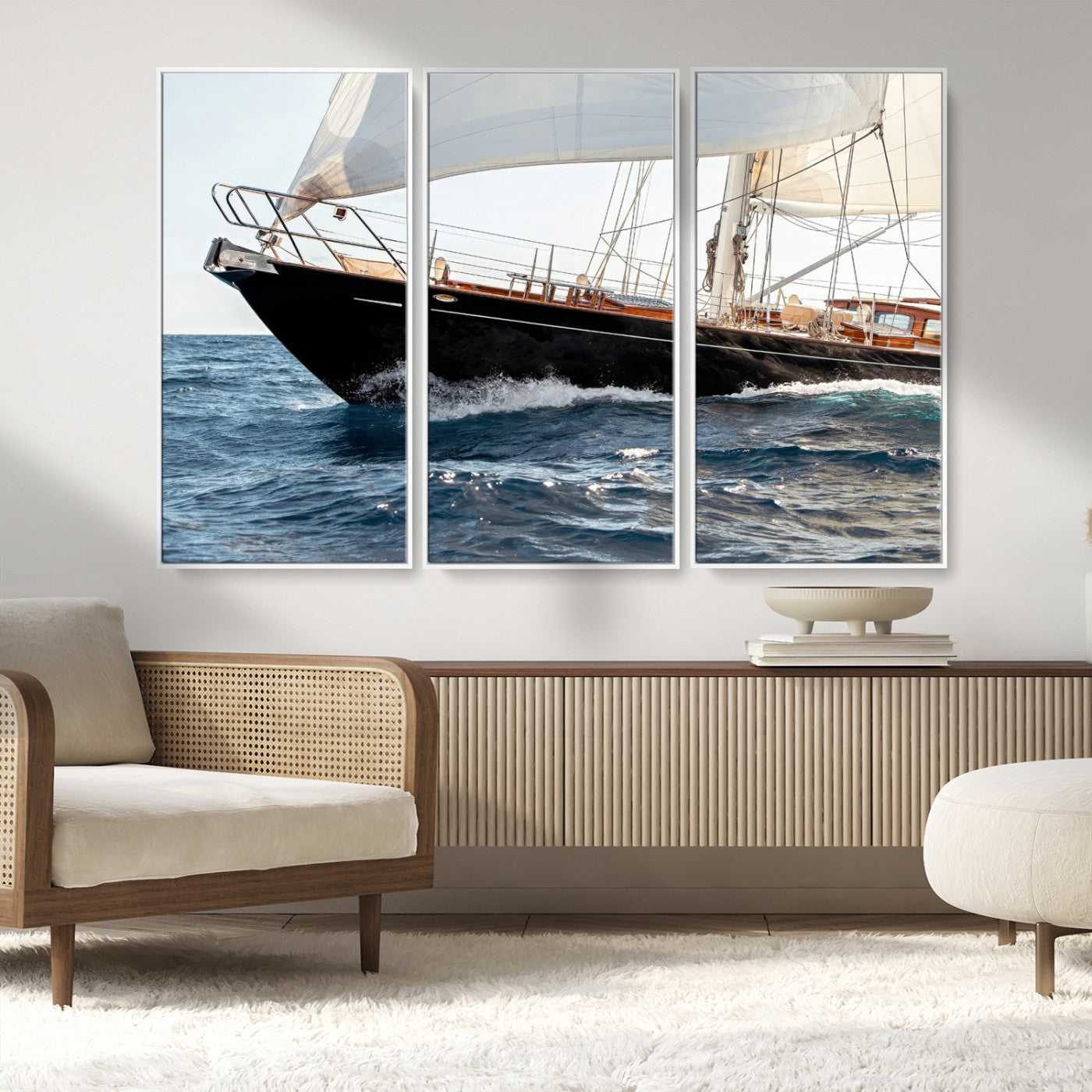 Close-up of a classic sailing yacht with wooden deck and full sails, perfect for nautical or coastal-style decor in ocean-themed spaces.