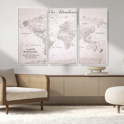 Customize Push Pin World Map Wall Canvas Print – Personalized Travel Map with Foam Pins – Framed Custom Quotie Canvas for Home Office Decor
