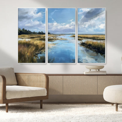 A beautiful, painterly landscape of a calm river winding through a marsh, with vibrant green grasses and a bright blue sky filled with fluffy clouds.