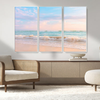 A peaceful beach scene with soft pastel skies, gentle waves washing up on the sandy shore, creating a calm and serene ocean view.