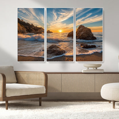 Rocky Ocean Sunset Wall Art Print, Seaside Canvas Wall Art, Dramatic Seascape Canvas Print for Coastal Modern Decor, Ocean Sunset Art Printing