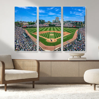 Wrigley Field Baseball Stadium Canvas Wall Art, Packed Crowd Sports Stadium Print, City Skyline Baseball Field Canvas for Game Room Decor