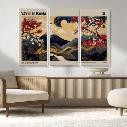 Yayoi Kusama's artwork featuring Mount Fuji, blooming cherry trees, and intricate swirls, blending traditional Japanese elements with vibrant color.
