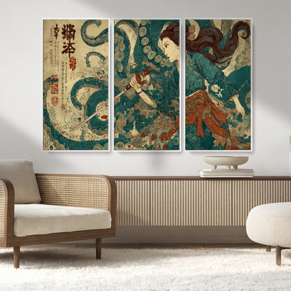 Tsukioka Yoshitoshi Samurai Wall Art Print, Japanese Katana Warrior Canvas Wall Art, Octopus Sea Monster Canvas Print,