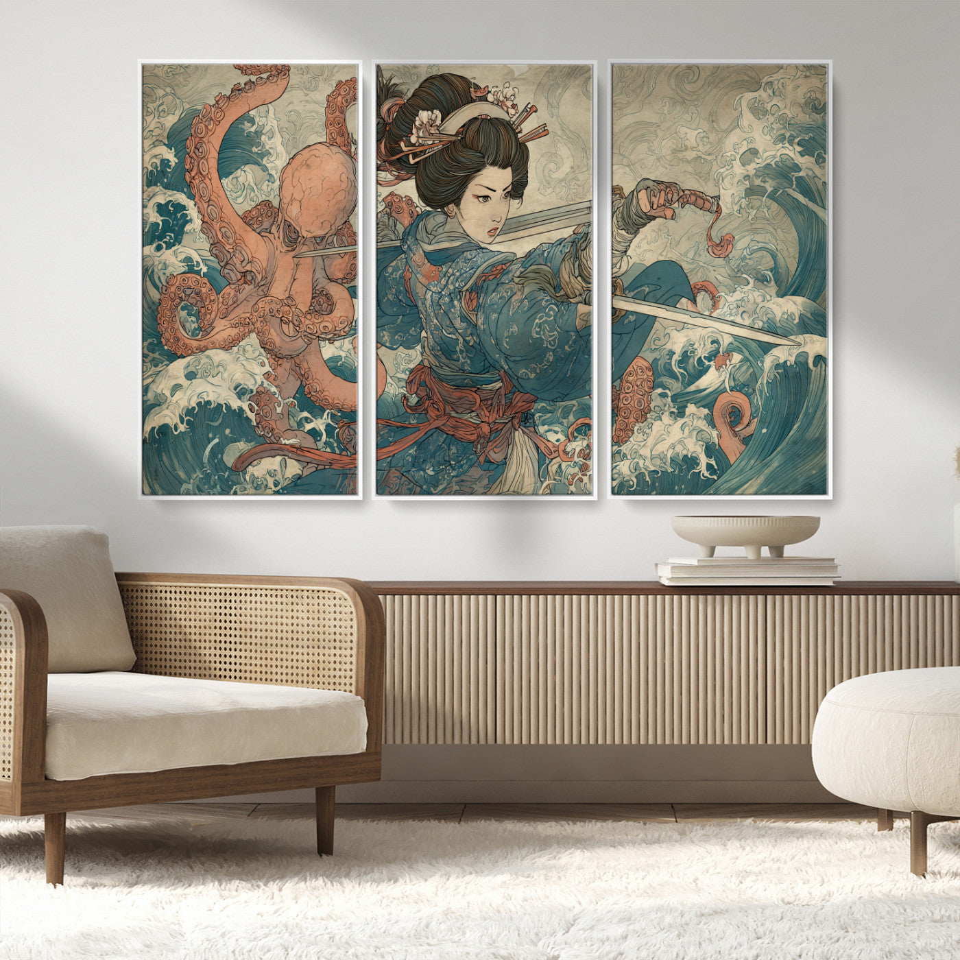 Tsukioka Yoshitoshi Samurai Wall Art Print, Japanese Katana Warrior Canvas Wall Art, Octopus Sea Monster Canvas Print,