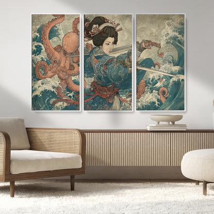 Tsukioka Yoshitoshi Samurai Wall Art Print, Japanese Katana Warrior Canvas Wall Art, Octopus Sea Monster Canvas Print,