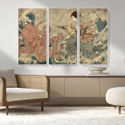 Tsukioka Yoshitoshi Samurai Wall Art Print, Japanese Katana Warrior Canvas Wall Art, Octopus Sea Monster Canvas Print,