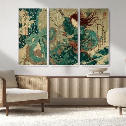 Tsukioka Yoshitoshi Samurai Wall Art Print, Japanese Katana Warrior Canvas Wall Art, Octopus Sea Monster Canvas Print,