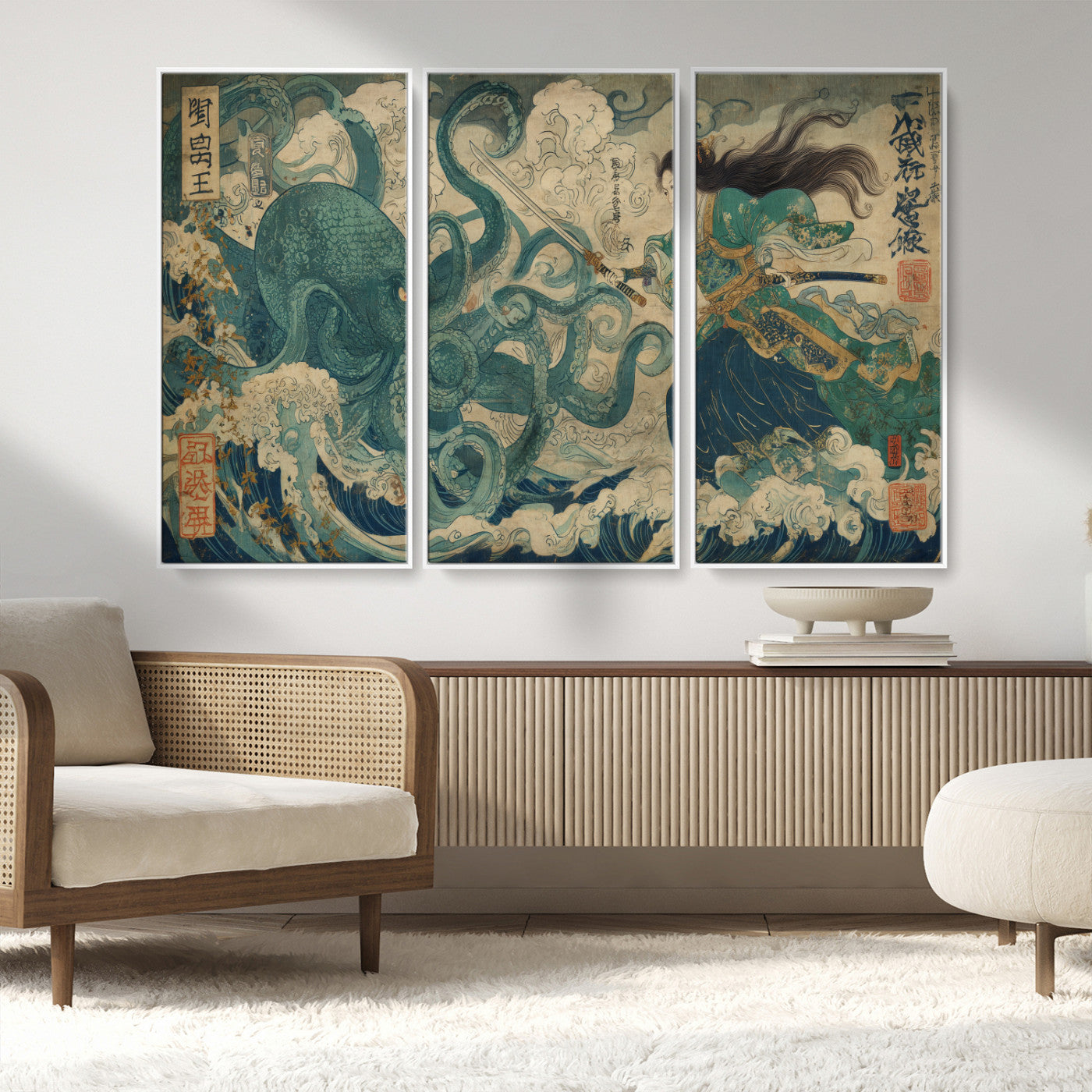 Tsukioka Yoshitoshi Samurai Wall Art Print, Japanese Katana Warrior Canvas Wall Art, Octopus Sea Monster Canvas Print,