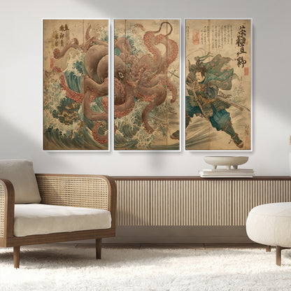 Tsukioka Yoshitoshi Samurai Wall Art Print, Japanese Katana Warrior Canvas Wall Art, Octopus Sea Monster Canvas Print,