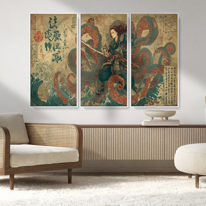 Tsukioka Yoshitoshi Samurai Wall Art Print, Japanese Katana Warrior Canvas Wall Art, Octopus Sea Monster Canvas Print,