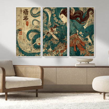 Tsukioka Yoshitoshi Samurai Wall Art Print, Japanese Katana Warrior Canvas Wall Art, Octopus Sea Monster Canvas Print,