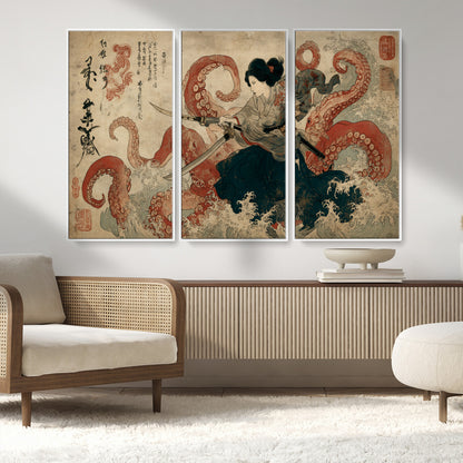 Tsukioka Yoshitoshi Samurai Wall Art Print, Japanese Katana Warrior Canvas Wall Art, Octopus Sea Monster Canvas Print,
