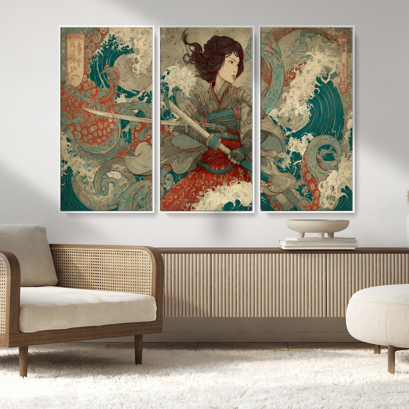 Tsukioka Yoshitoshi Samurai Wall Art Print, Japanese Katana Warrior Canvas Wall Art, Octopus Sea Monster Canvas Print,