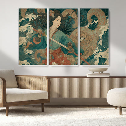 Tsukioka Yoshitoshi Samurai Wall Art Print, Japanese Katana Warrior Canvas Wall Art, Octopus Sea Monster Canvas Print,