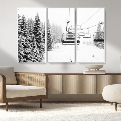 Black and white canvas of empty ski lifts over a snowy pine forest, perfect for minimal winter or ski lodge-inspired decor.