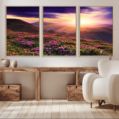 -Mountain Sunrise Wall Art – Vibrant Floral Landscape Canvas Print, Nature Home Decor for Living Room, Bedroom Office or Cabin