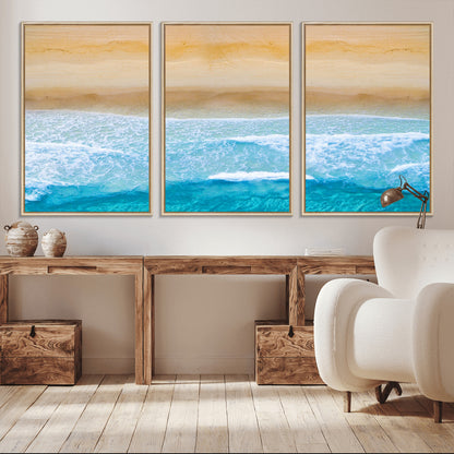 -Aerial Beach Wall Art – Serene Ocean Waves & Sandy Shore Canvas Print, Coastal Home Decor for Living Room, Bedroom or Office