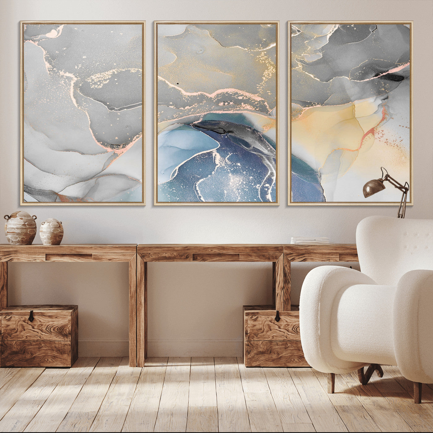 63211-MGV-FC-60X30-3P_Natural-Abstract Fluid Art Wall Decor – Blue, Gray & Gold Canvas Print, Modern Home and Office Wall Art Decor for Living Room, Bedroom or Workspace